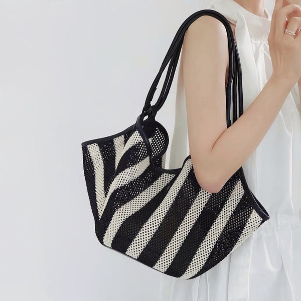 Black And White Striped Basket Bag