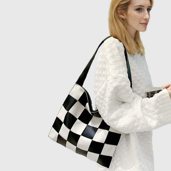 Checkered Woven Leather Shoulder Bag