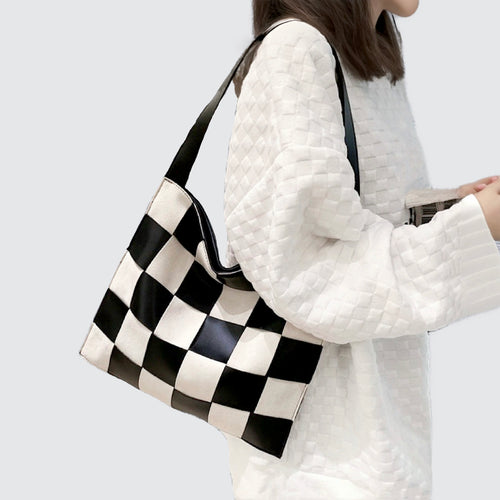 Checkered Woven Leather Shoulder Bag