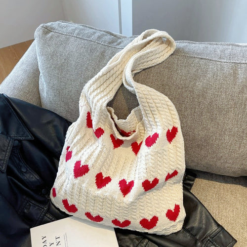 1pc Large Capacity Fashionable Crochet Tote Bag with Heart Pattern,one-size
