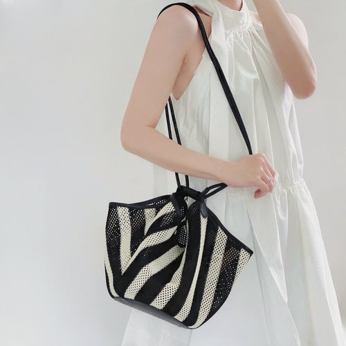 Black And White Striped Basket Bag