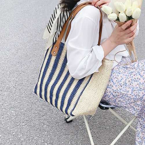 Vertical Striped Straw Tote Bag