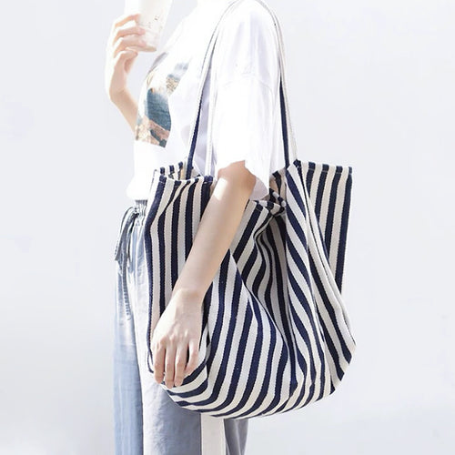 Bolso tote de lona con rayas finas