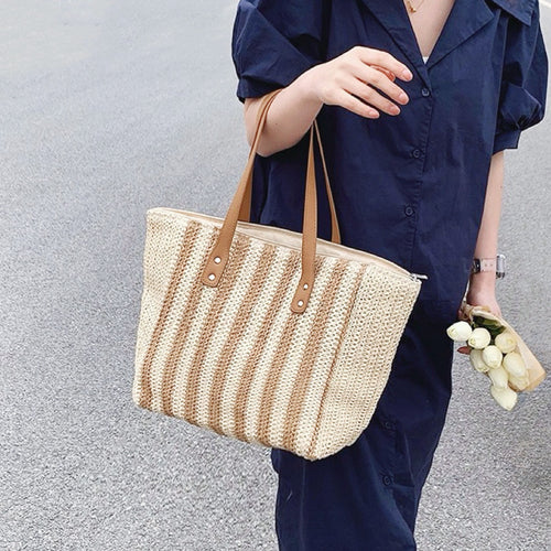 Vertical Striped Straw Tote Bag