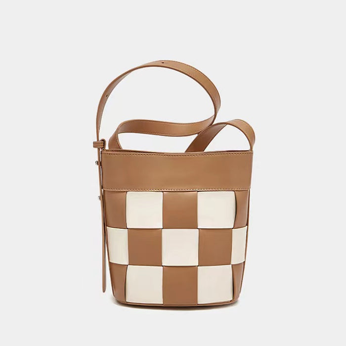 Checkered Woven Leather Bucket Bag In Tan