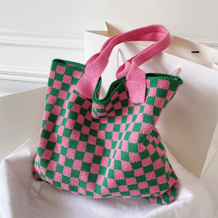 Checkered Knitted Tote Bag