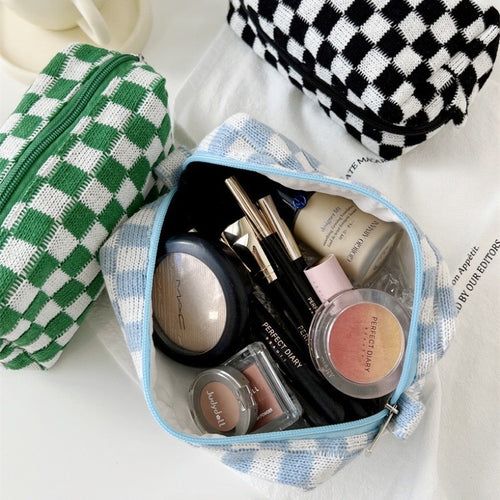 checkered makeup bag —, SEA OF ROSES
