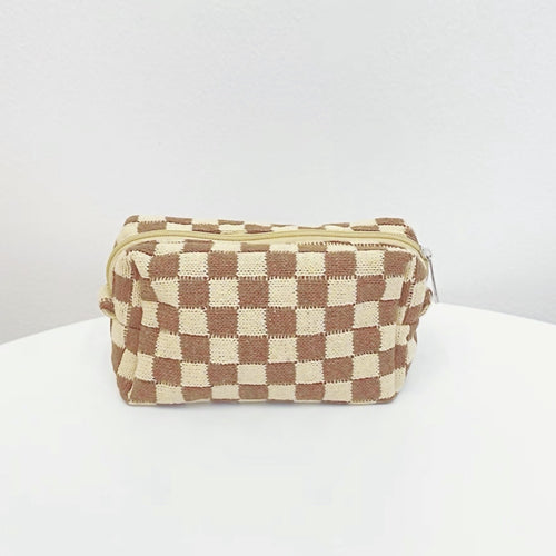 Dropship Brown Portable Checkered Makeup Bag With Adjustable